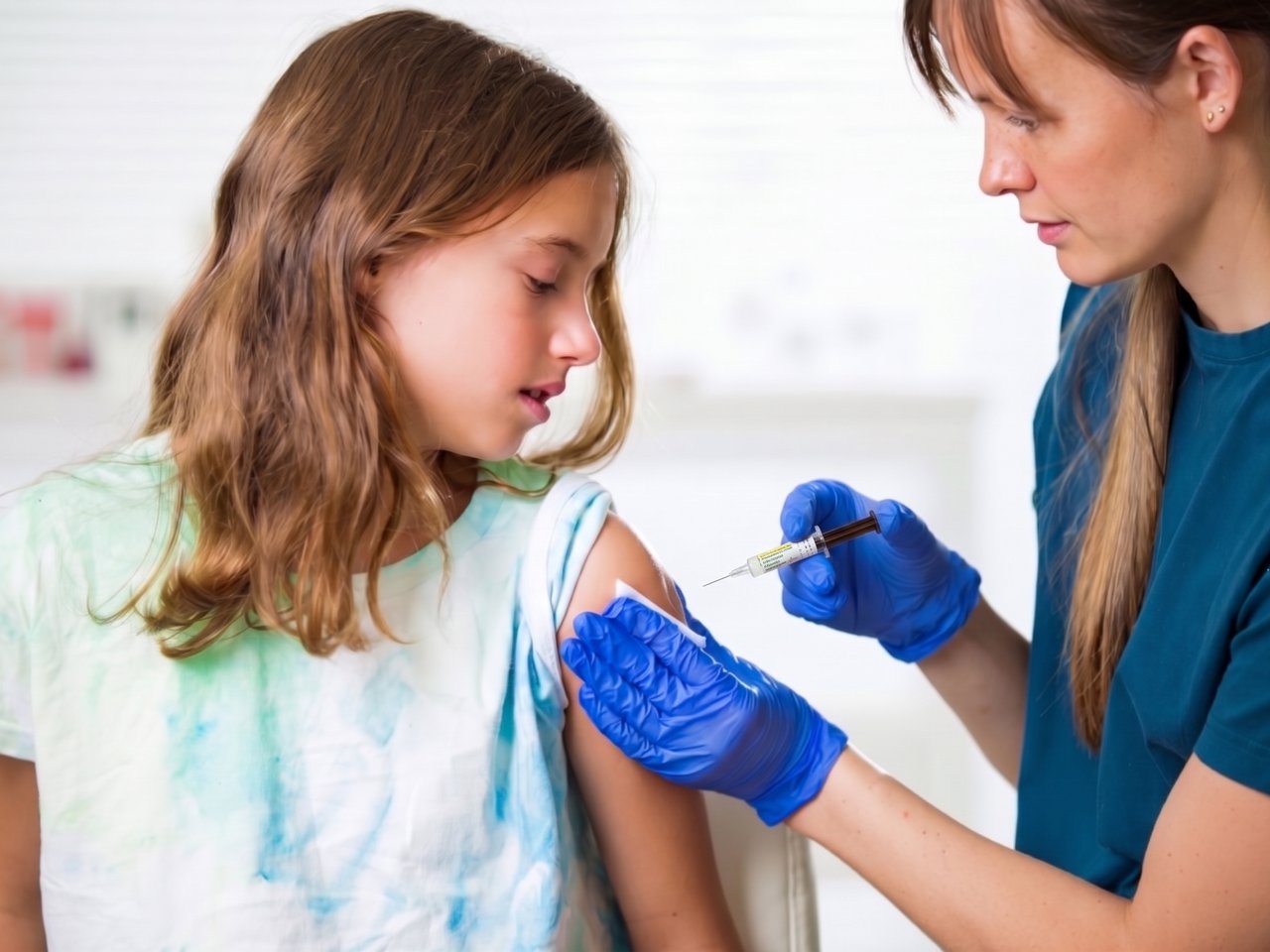 Une jeune fille reçoit le vaccin Gardasil 9 dans le bras, administré par une soignante